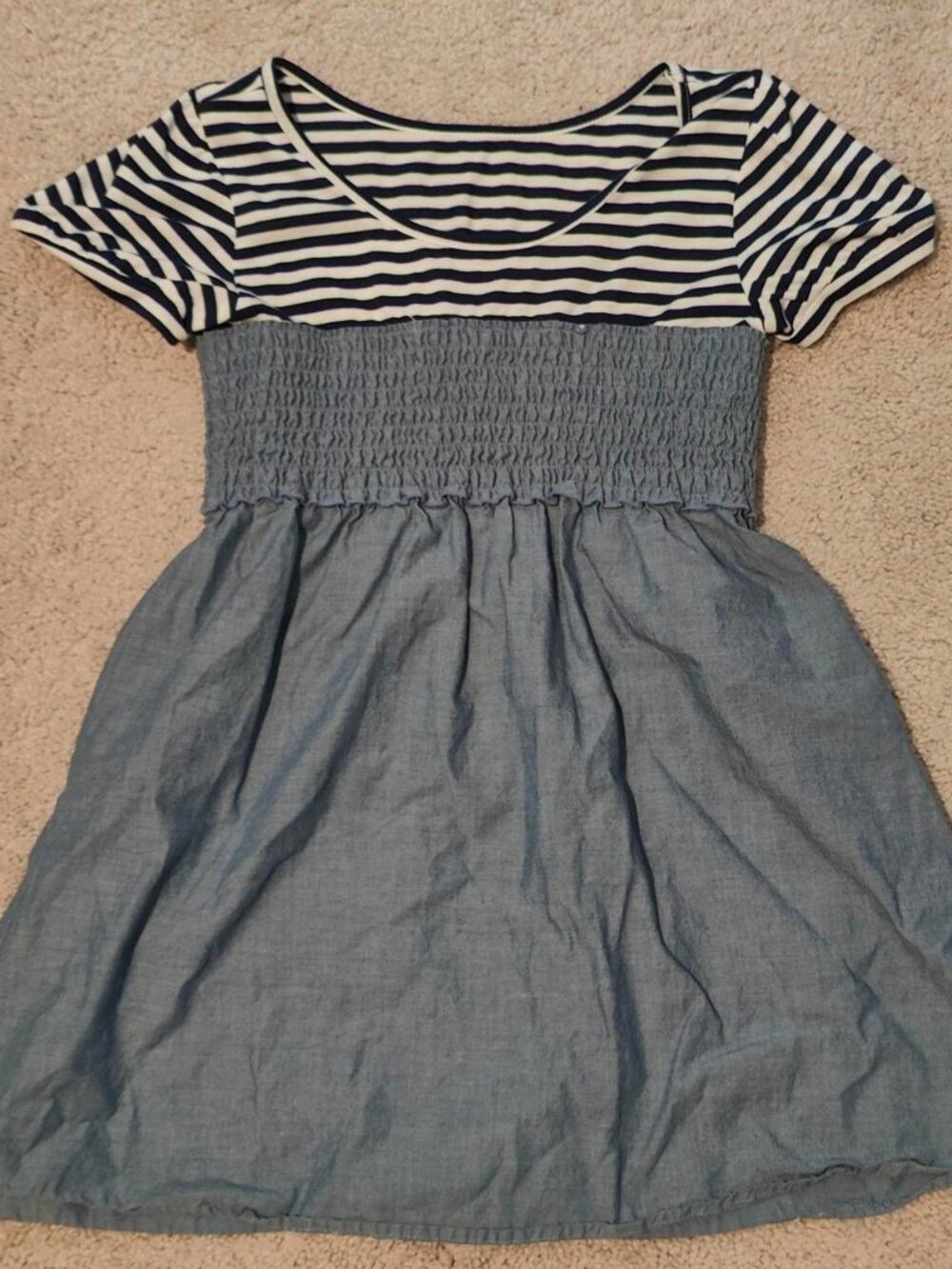 Blue and white striped denim babydoll top